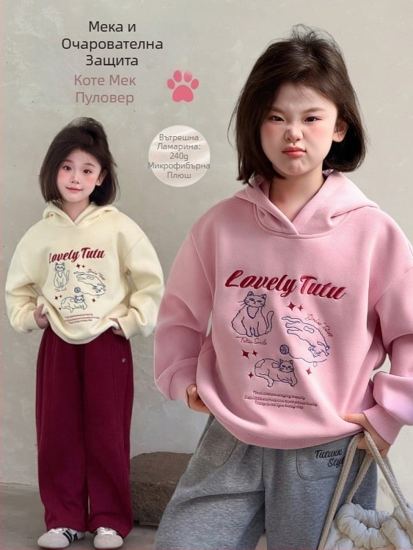 Худи за момичета (зимно-есенно; памук 60,7%; картина с анимационни герои и букви)