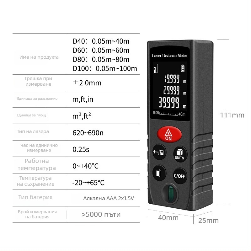 Inorm ръчен лазерен измервател за разстояние, диапазон 0,05–100 m, резолюция 1 мм, точност ±2 мм, IP54 защита