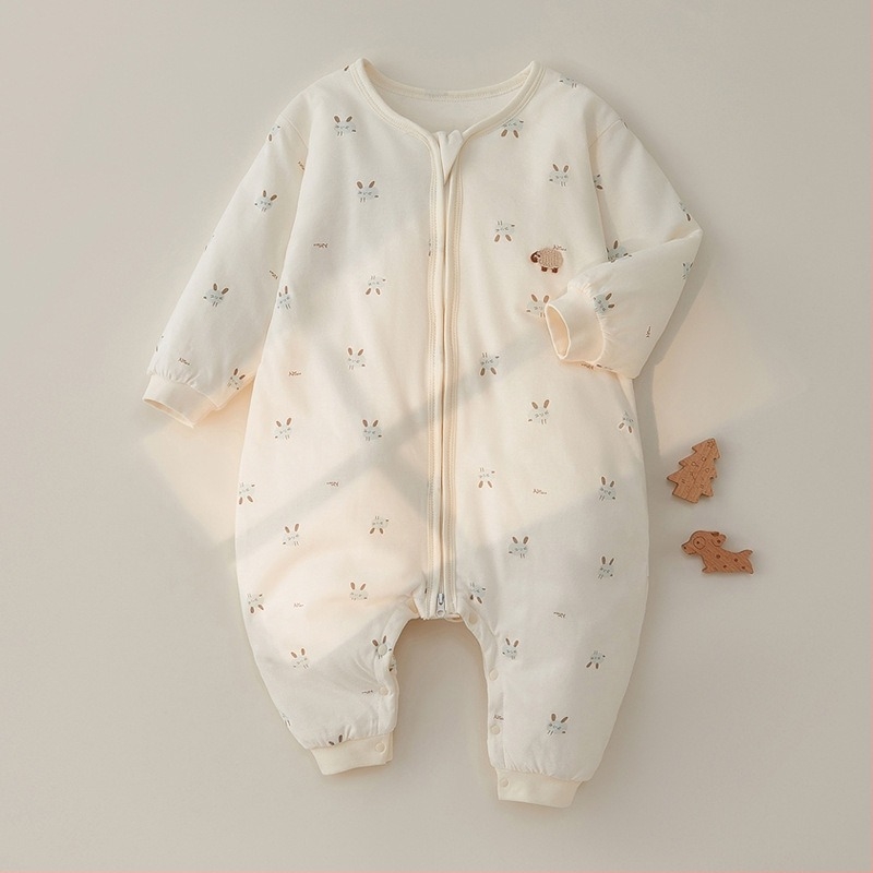 Зимна дебела бебешка спална торбичка с дълги ръкави и разделени крачета, метален цип, памучна външна тъкан с подплата от чист памук