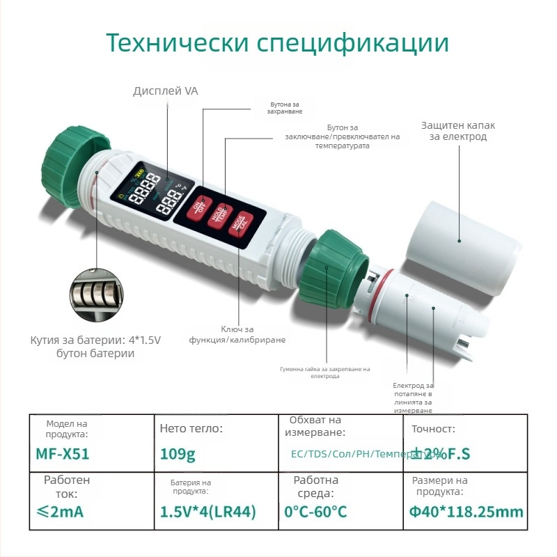 Портативен анализатор за качество на водата 5-в-1: pH, EC, TDS, соленост и температура