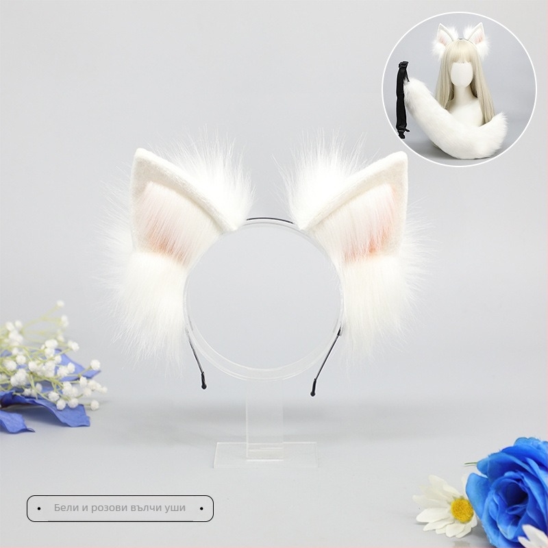 Плюшена лента за глава с ушички на звяр, ръчна изработка, карикатурен вълчи дизайн, унисекс