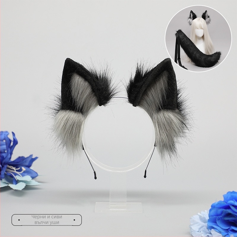 Плюшена лента за глава с ушички на звяр, ръчна изработка, карикатурен вълчи дизайн, унисекс