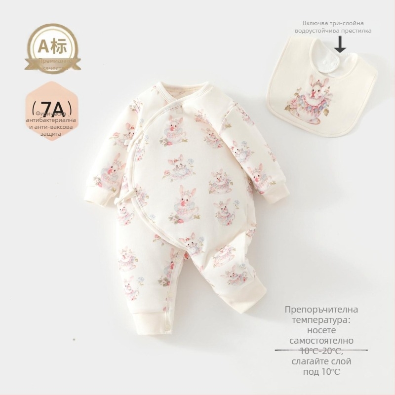 Едночастов бебешки гащеризон, 100% памук, пълнеж от соево влакно, дебелен за есенно-зимния сезон, дълги ръкави, без качулка, закопчаване с копчета отпред