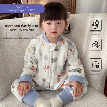 Бебешки спален чувал със шестслоен пълнеж от бамбукови влакна, едночастов пижамен дизайн със разделени крачета, памучно-смесена материя с подплата от памучни влакна, карикатурен принт, цип от смола