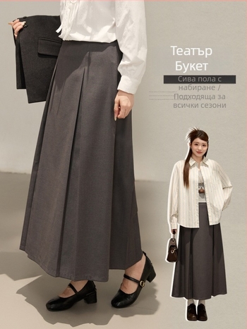 A-образна миди пола с текстурирани плиси, полиестерова тъкан, висока еластичност, съдържание на полиестер 90–95%