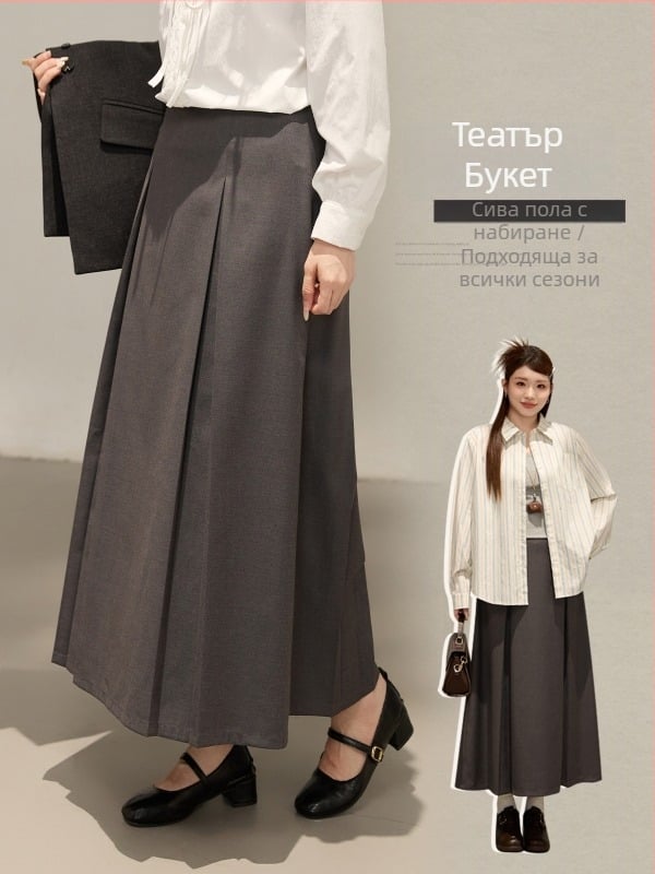 A-образна миди пола с текстурирани плиси, полиестерова тъкан, висока еластичност, съдържание на полиестер 90–95%