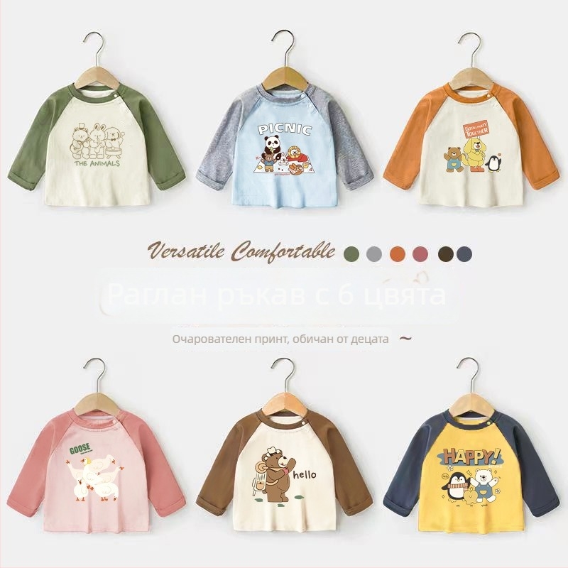 Бебешка тениска с дълги ръкави от 100% памук, карикатурен принт, за деца на 1–3 години, за пролет и есен