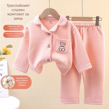 Есенно-зимни детски пижами, трислойна подплата, унисекс, за деца 3–8 г., домашно облекло, casual стил, топли