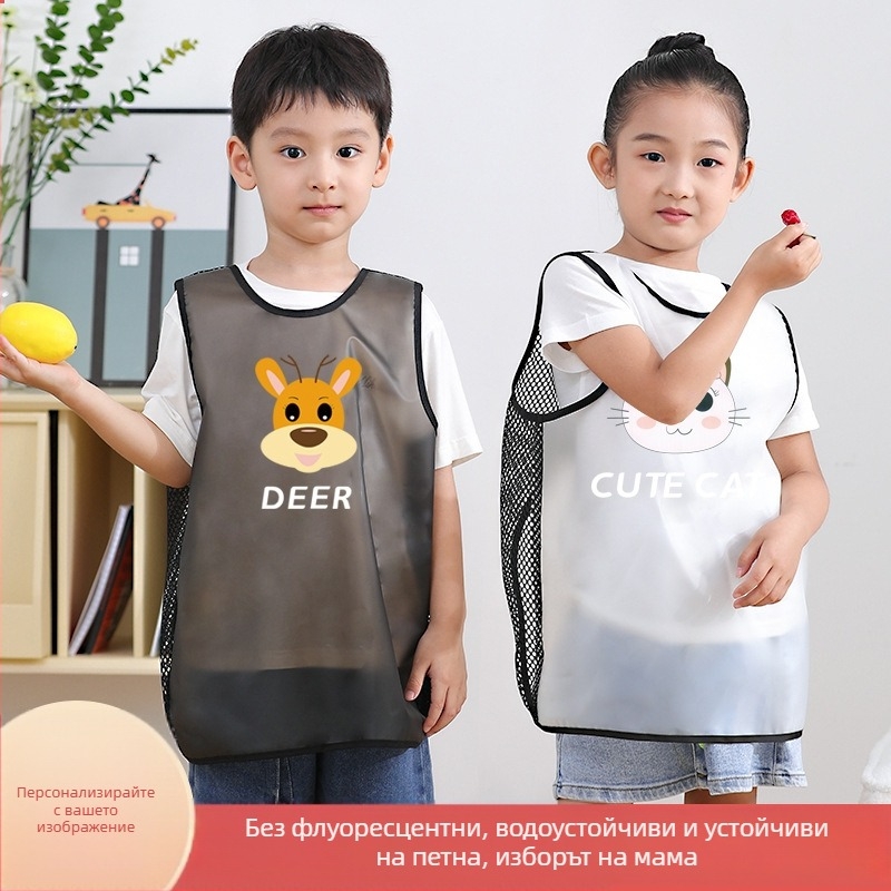 Детска водоустойчива рисувателна престилка без ръкави, карикатурен принт, полиестер, за деца 3–8 години