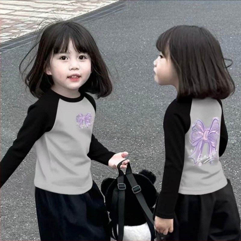 Детска памучна тениска с дълъг ръкав за момичета, кръгла яка, мультяшен принт, 100% памук, влагоотводяща