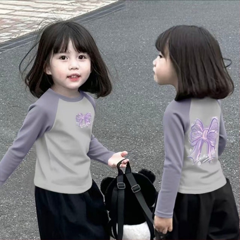 Детска памучна тениска с дълъг ръкав за момичета, кръгла яка, мультяшен принт, 100% памук, влагоотводяща