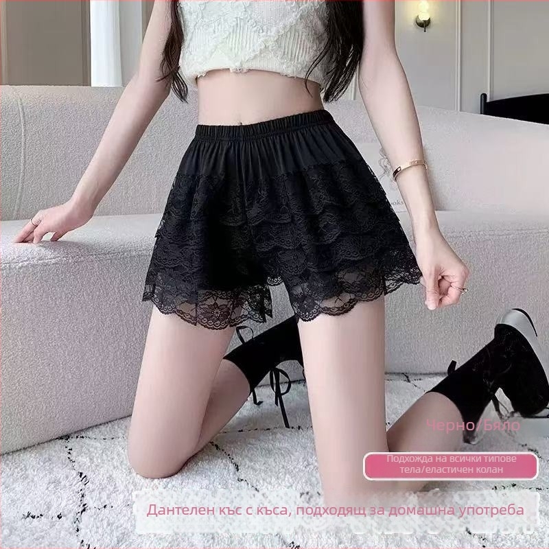 Дамски предпазни шорти с дантелен кант – антиразкриване, средно повдигната талия, подплата от ледено копринено, 93% полиестер, проста тъкан