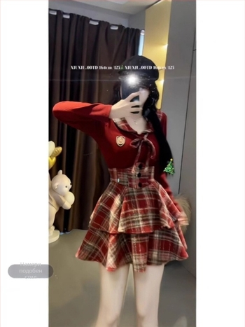 JK стил женски костюм в две части: риза с панелно шевно изпълнение и пола с каре по талията, полиестер, къса пола, пролет 2025