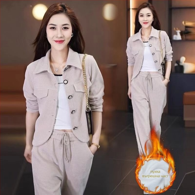 Дамски костюм две части за свободно време с геометричен принт, полиестер, есен 2025, японско-корейски стил