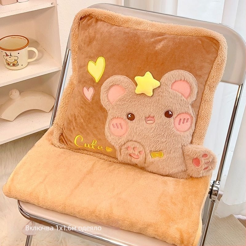 Възглавничка-одеяло 2-в-1, двупосочна, плюшено покритие, пълнеж PP памук, принт със симпатични животни, персонализируемо