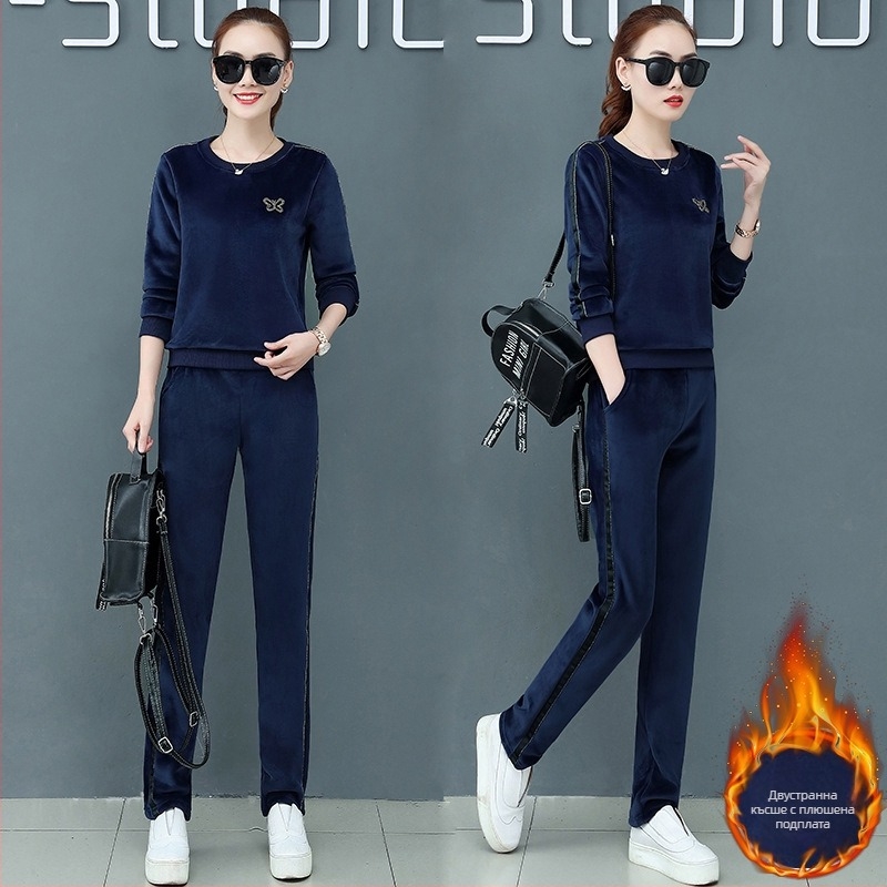 Дамски костюм от бархат за ежедневието с черепен модел и бродерия, полиестерна основа (есен 2022)