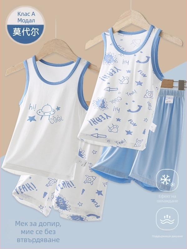 Детски комплект за спално облекло, модален плат, корейски стил без ръкави тениска, тънък (170g modal; 95% modal, 5% spandex; влагоотводящ)