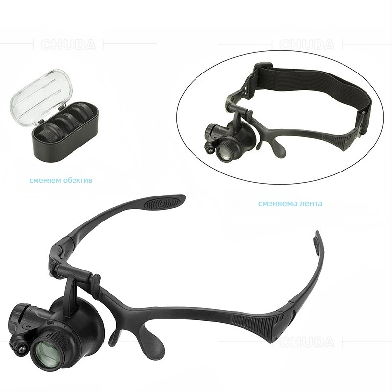 Лупа за глава с LED осветление, сменяеми ленти за глава и лещи, увеличение 10x–25x, пластмасово тяло и акрилни лещи, модел 9892F