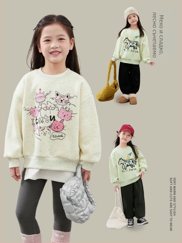 Детска памучна суитшърт с плюшено подплата, дебел пуловер с кръгло деколте, дълги ръкави, принт на карикатури и букви, за деца 3-8 години, подходящ за зима и есен.