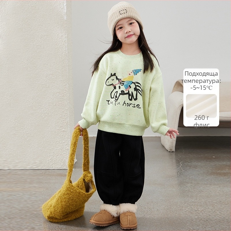 Детска памучна суитшърт с плюшено подплата, дебел пуловер с кръгло деколте, дълги ръкави, принт на карикатури и букви, за деца 3-8 години, подходящ за зима и есен.