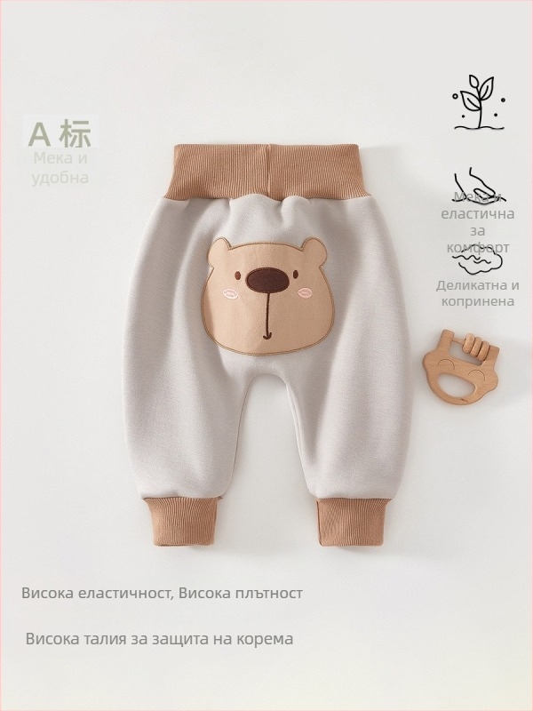 Детски пижамени панталони от мъхнат памук, висока талия за защита на корема, вътрешен флис, 94% памук + 6% спандекс, пролет-есен, за деца 1-3 години