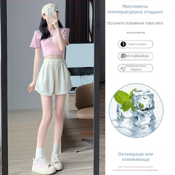 Дамски Ice Silk къси панталони - висока талия, корейски стил, прав силует, памук-еластан смес