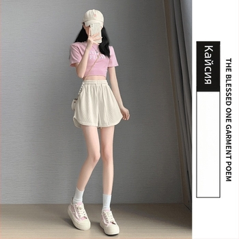 Дамски Ice Silk къси панталони - висока талия, корейски стил, прав силует, памук-еластан смес