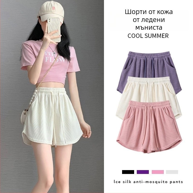 Дамски Ice Silk къси панталони - висока талия, корейски стил, прав силует, памук-еластан смес