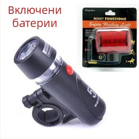 Велосипеден преден фар със стойка, предупредителна светлина и задна светлина, 5 LED мигливи, преносимо нощно фенерче