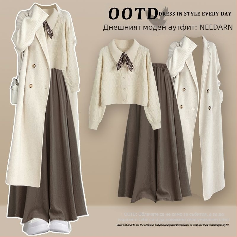 Дамски ежедневен комплект от три части: ветровка в корейски стил + плетен пуловер + кюлоти, дълги ръкави; пролет 2025; топ костюм; стил кралска сестра; печат и боядисване