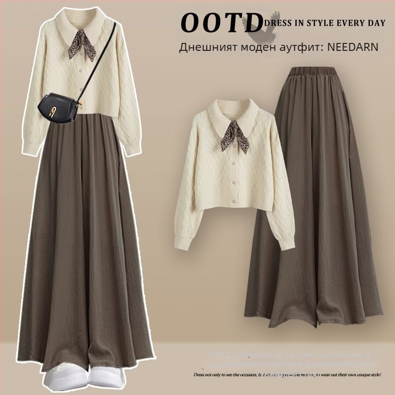 Дамски ежедневен комплект от три части: ветровка в корейски стил + плетен пуловер + кюлоти, дълги ръкави; пролет 2025; топ костюм; стил кралска сестра; печат и боядисване