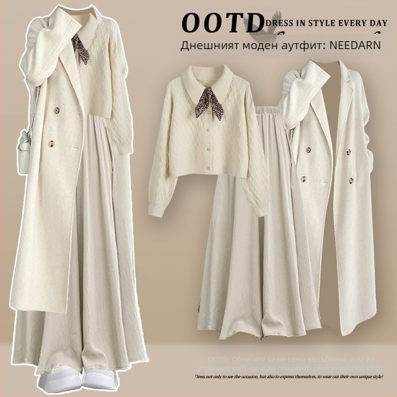 Дамски ежедневен комплект от три части: ветровка в корейски стил + плетен пуловер + кюлоти, дълги ръкави; пролет 2025; топ костюм; стил кралска сестра; печат и боядисване