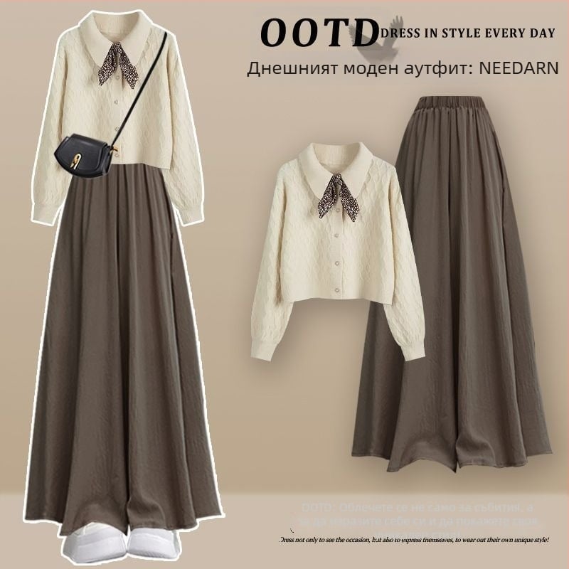 Дамски ежедневен комплект от три части: ветровка в корейски стил + плетен пуловер + кюлоти, дълги ръкави; пролет 2025; топ костюм; стил кралска сестра; печат и боядисване