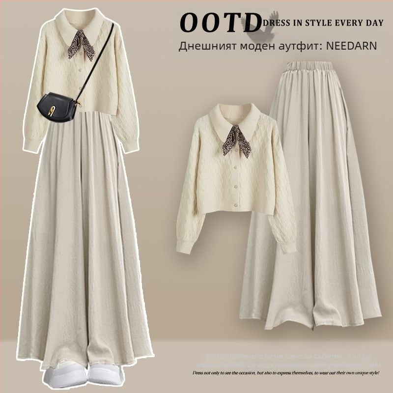 Дамски ежедневен комплект от три части: ветровка в корейски стил + плетен пуловер + кюлоти, дълги ръкави; пролет 2025; топ костюм; стил кралска сестра; печат и боядисване