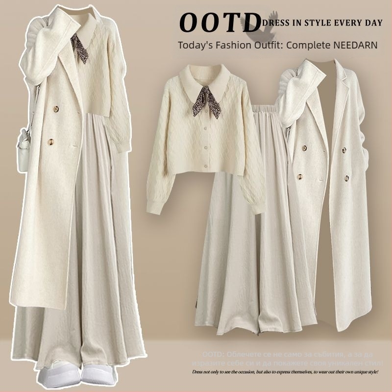 Дамски ежедневен комплект от три части: ветровка в корейски стил + плетен пуловер + кюлоти, дълги ръкави; пролет 2025; топ костюм; стил кралска сестра; печат и боядисване