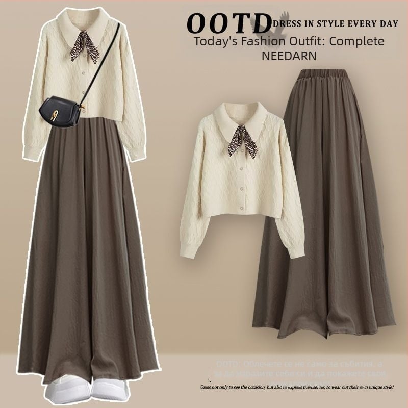 Дамски ежедневен комплект от три части: ветровка в корейски стил + плетен пуловер + кюлоти, дълги ръкави; пролет 2025; топ костюм; стил кралска сестра; печат и боядисване