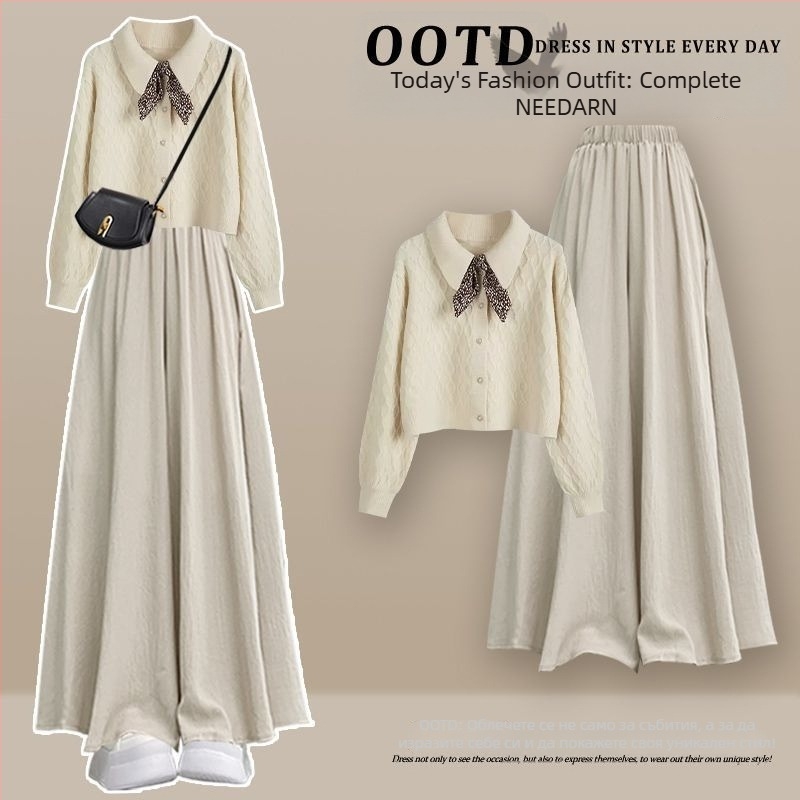 Дамски ежедневен комплект от три части: ветровка в корейски стил + плетен пуловер + кюлоти, дълги ръкави; пролет 2025; топ костюм; стил кралска сестра; печат и боядисване