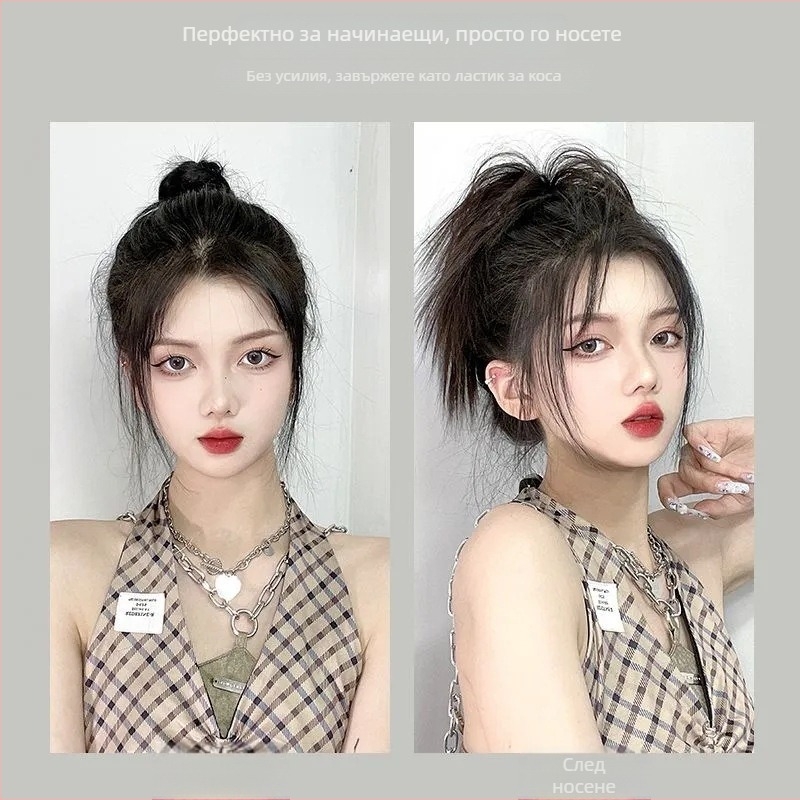 Kaifei перука с кок и двойна опашка, прическа Bun Updo, тел с висока температура, не се боядисва