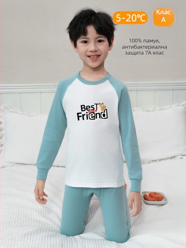 Детски комплект термално бельо от 100% памук – антибактериален, горнище и долнище с кръгло деколте, за деца на възраст 3–8 г