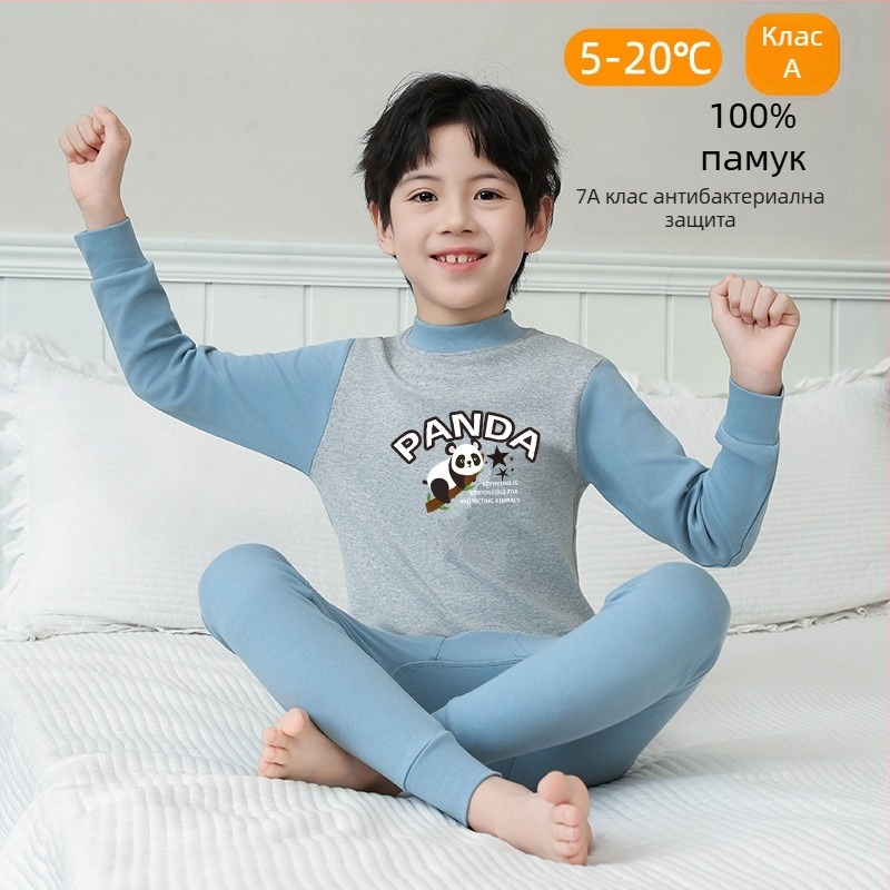 Детски комплект термално бельо от 100% памук – антибактериален, горнище и долнище с кръгло деколте, за деца на възраст 3–8 г