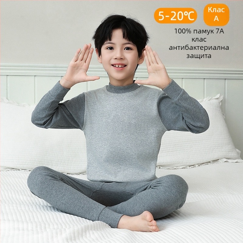 Детски комплект термално бельо от 100% памук – антибактериален, горнище и долнище с кръгло деколте, за деца на възраст 3–8 г