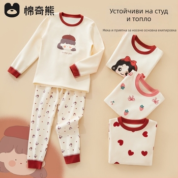 Детски пижамен комплект – 95% памук, 5% спандекс, антибактериален, есенно-зимен сезон, унисекс, стил принцеса, анимационен принт