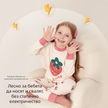 Детски пижамен комплект – 95% памук, 5% спандекс, антибактериален, есенно-зимен сезон, унисекс, стил принцеса, анимационен принт