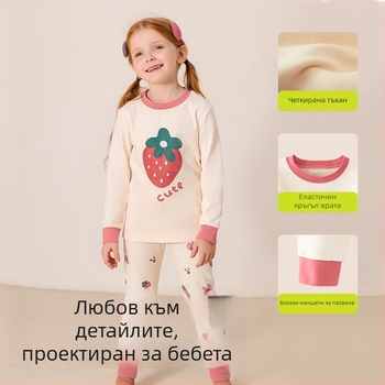 Детски пижамен комплект – 95% памук, 5% спандекс, антибактериален, есенно-зимен сезон, унисекс, стил принцеса, анимационен принт