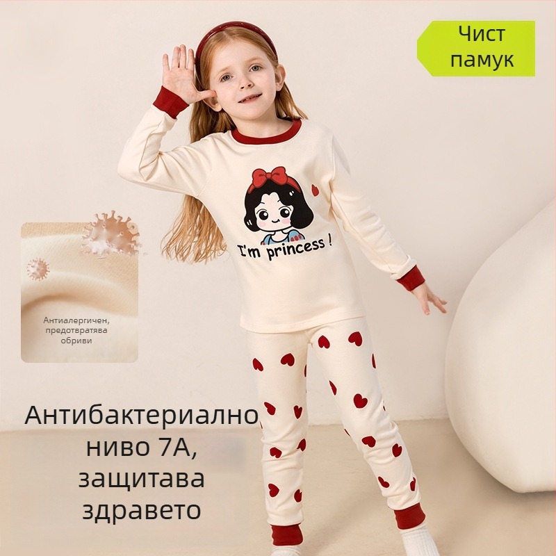 Детски пижамен комплект – 95% памук, 5% спандекс, антибактериален, есенно-зимен сезон, унисекс, стил принцеса, анимационен принт