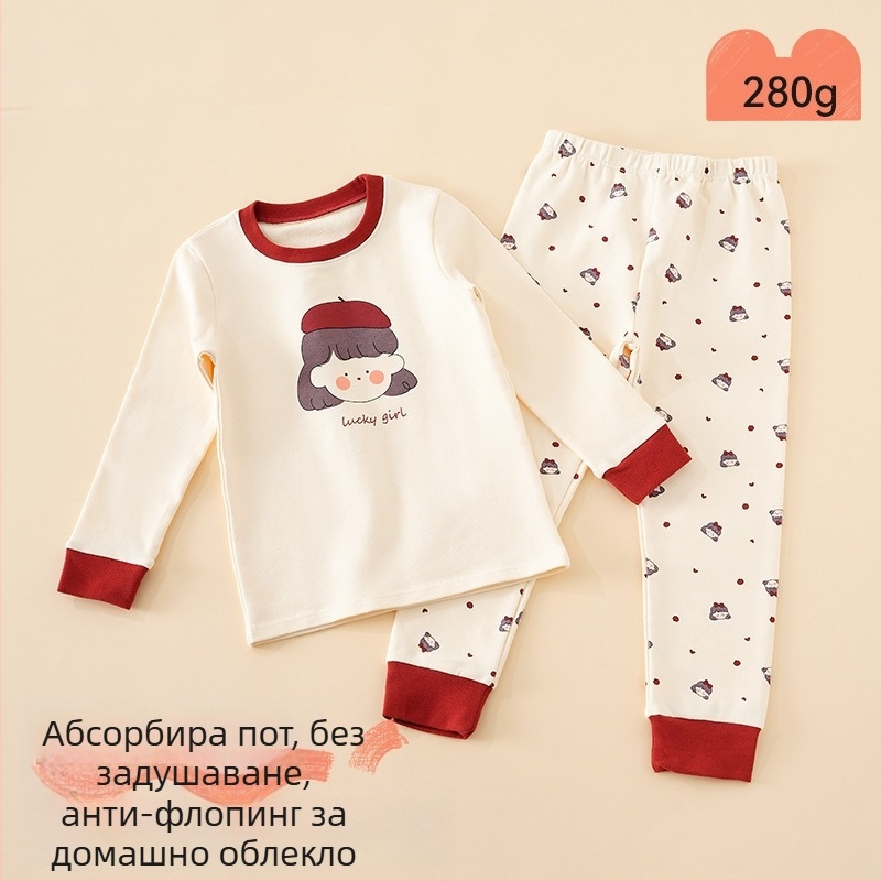 Детски пижамен комплект – 95% памук, 5% спандекс, антибактериален, есенно-зимен сезон, унисекс, стил принцеса, анимационен принт