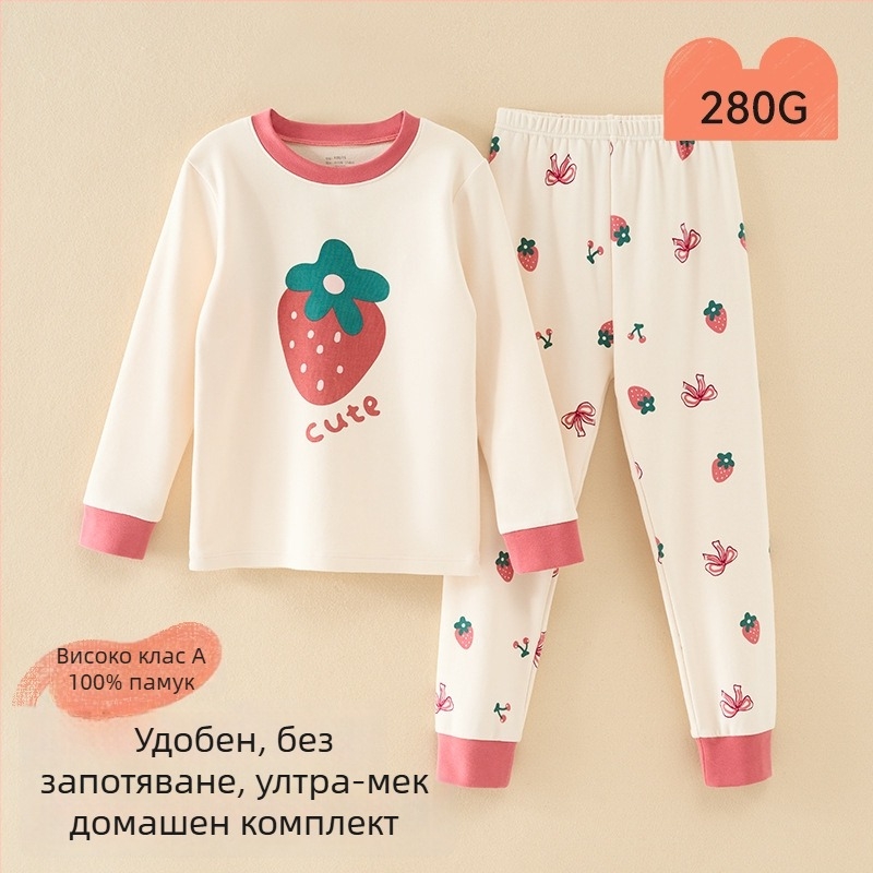 Детски пижамен комплект – 95% памук, 5% спандекс, антибактериален, есенно-зимен сезон, унисекс, стил принцеса, анимационен принт