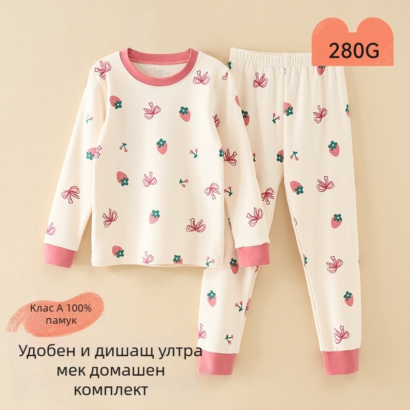 Детски пижамен комплект – 95% памук, 5% спандекс, антибактериален, есенно-зимен сезон, унисекс, стил принцеса, анимационен принт