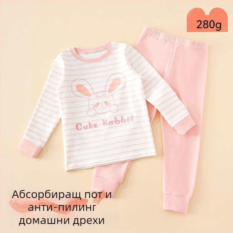 Детски пижамен комплект – 95% памук, 5% спандекс, антибактериален, есенно-зимен сезон, унисекс, стил принцеса, анимационен принт