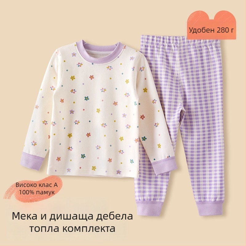 Детски пижамен комплект – 95% памук, 5% спандекс, антибактериален, есенно-зимен сезон, унисекс, стил принцеса, анимационен принт